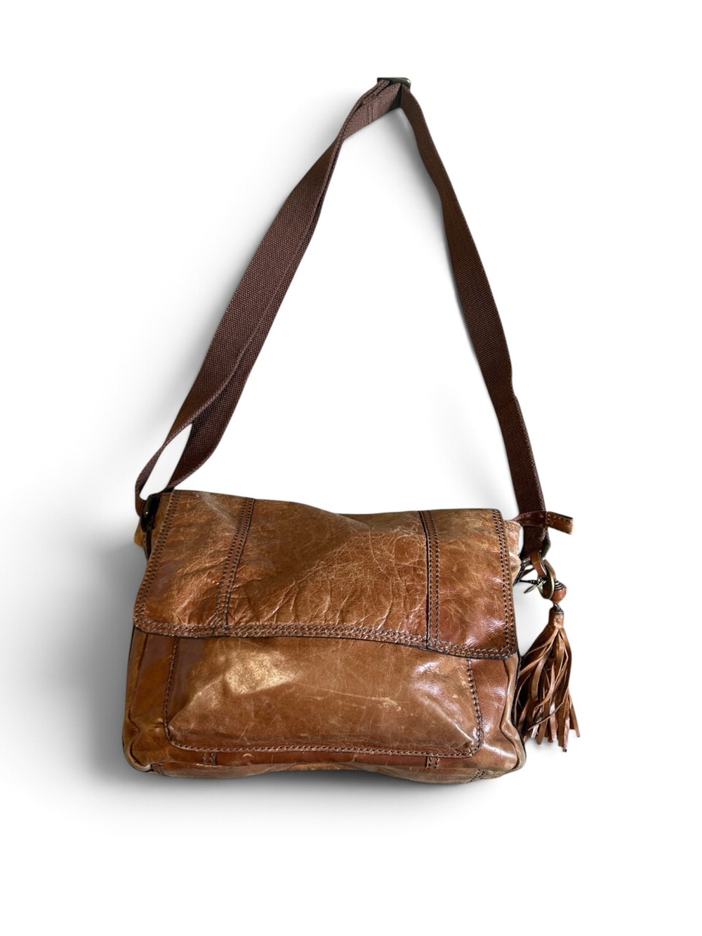 Fossil 2010 Genuine Leather Distressed Brown Crossbody Bag Y2K Boho